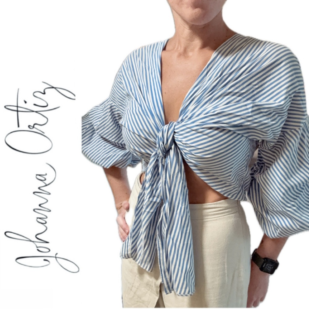 Johanna Ortiz Blue and White Striped Tie-Front Puff Sleeve Top
